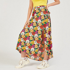 Floral Print Midi Wrap Skirt with Slit Detail