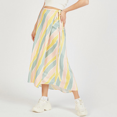 Striped Midi Wrap Skirt with Waist Tie-Ups