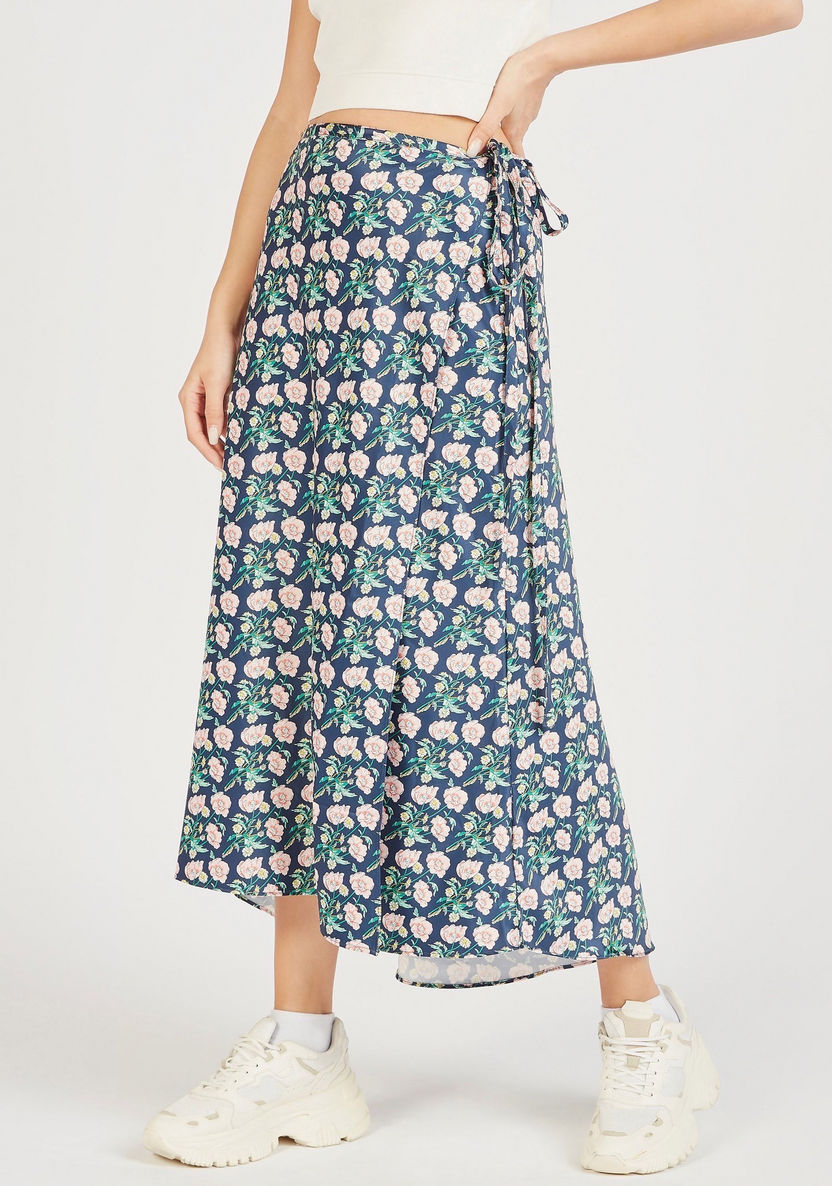 Floral Print Midi Wrap Skirt with Waist Tie-Ups-Skirts-image-0