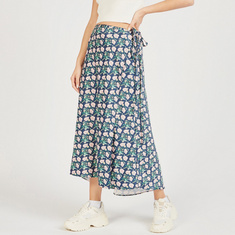 Floral Print Midi Wrap Skirt with Waist Tie-Ups