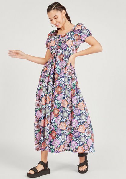 Floral Print Maxi A-line Tiered Dress with Puff Sleeves-Dresses-image-0
