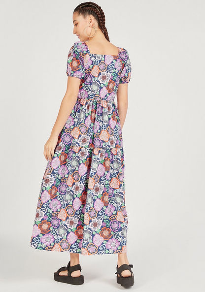 Floral Print Maxi A-line Tiered Dress with Puff Sleeves-Dresses-image-3