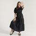 Solid Maxi A-line Tiered Dress with Crew Neck and Puff Sleeves-Dresses-thumbnailMobile-0