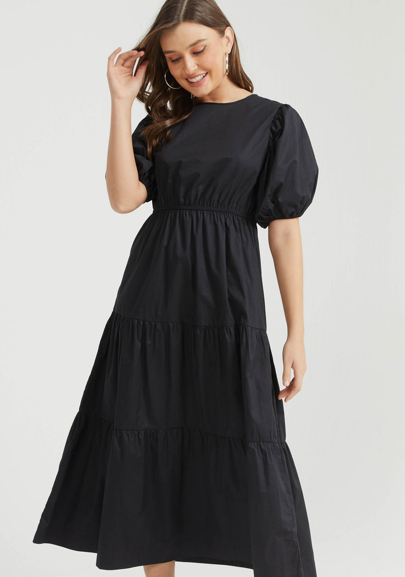 Solid Maxi A-line Tiered Dress with Crew Neck and Puff Sleeves-Dresses-image-2