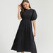 Solid Maxi A-line Tiered Dress with Crew Neck and Puff Sleeves-Dresses-thumbnail-2