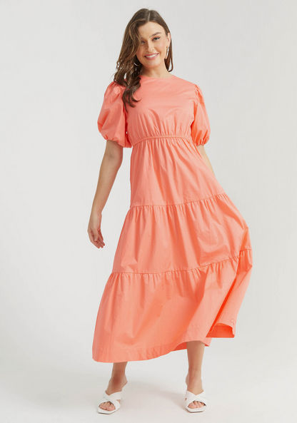 Solid Maxi A-line Tiered Dress with Crew Neck and Puff Sleeves-Dresses-image-1