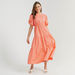 Solid Maxi A-line Tiered Dress with Crew Neck and Puff Sleeves-Dresses-thumbnailMobile-1