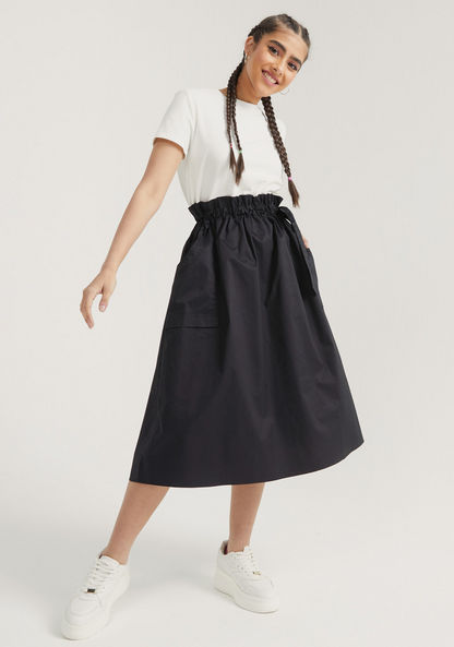 Solid Midi A-line Dress with Pockets and Waist Tie-Ups-Dresses-image-0