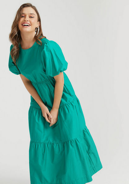 Solid Maxi A-line Tiered Dress with Crew Neck and Puff Sleeves-Dresses-image-0