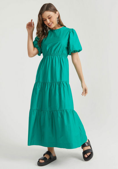 Solid Maxi A-line Tiered Dress with Crew Neck and Puff Sleeves-Dresses-image-1