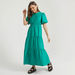 Solid Maxi A-line Tiered Dress with Crew Neck and Puff Sleeves-Dresses-thumbnailMobile-1