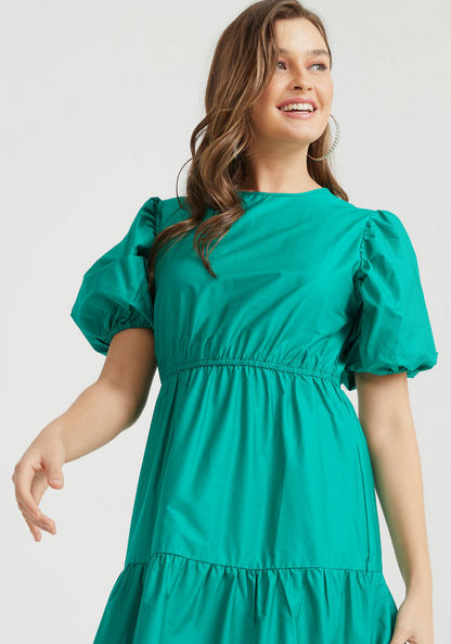 Solid Maxi A-line Tiered Dress with Crew Neck and Puff Sleeves-Dresses-image-2