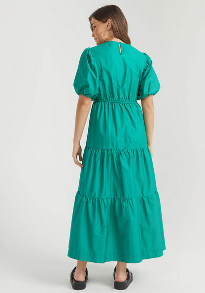 Solid Maxi A-line Tiered Dress with Crew Neck and Puff Sleeves-Dresses-image-3