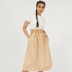 Solid Midi A-line Dress with Pockets and Waist Tie-Ups
