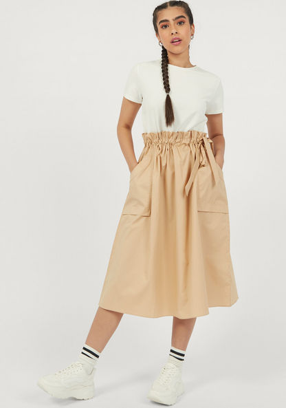 Solid Midi A-line Dress with Pockets and Waist Tie-Ups-Dresses-image-1