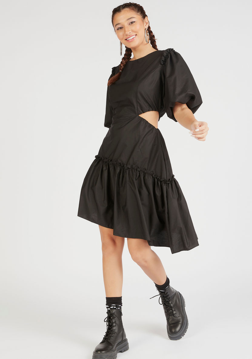 Solid Mini Asymmetric Dress with Cutout Detail and Balloon Sleeves-Dresses-image-1