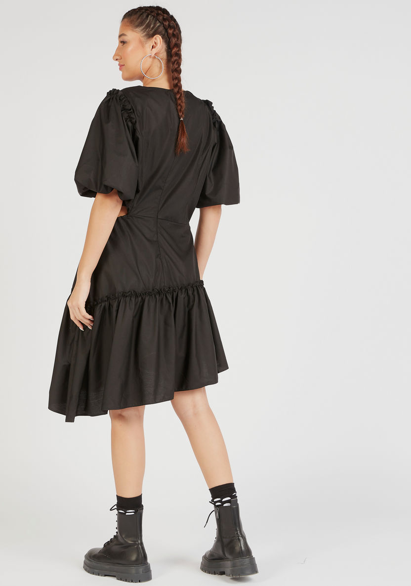 Solid Mini Asymmetric Dress with Cutout Detail and Balloon Sleeves-Dresses-image-3
