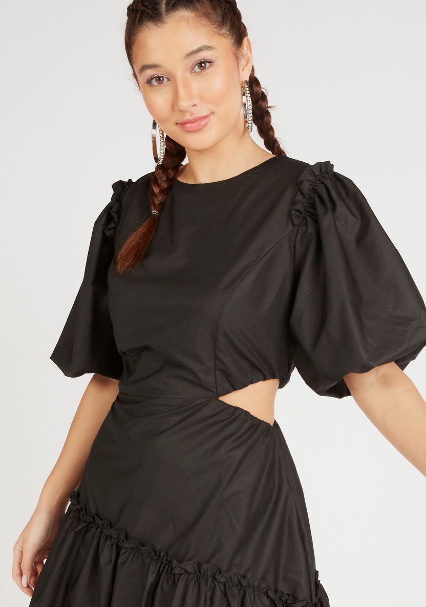 Solid Mini Asymmetric Dress with Cutout Detail and Balloon Sleeves-Dresses-image-4