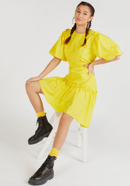 Solid Mini Asymmetric Dress with Cutout Detail and Balloon Sleeves-Dresses-image-0