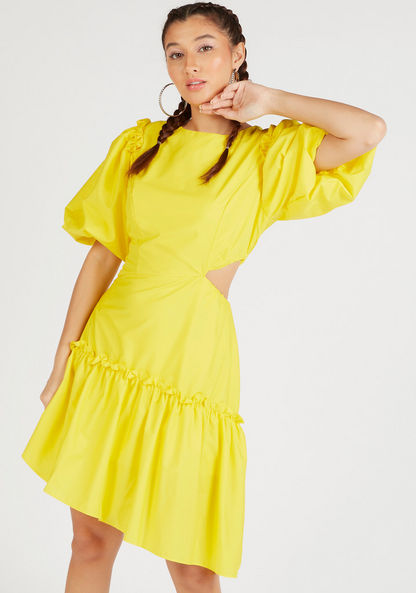 Solid Mini Asymmetric Dress with Cutout Detail and Balloon Sleeves-Dresses-image-4