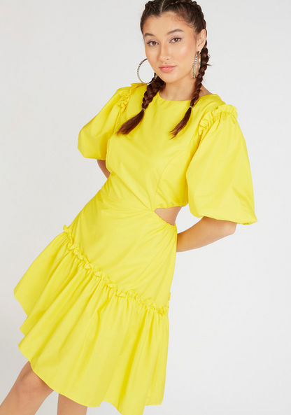 Solid Mini Asymmetric Dress with Cutout Detail and Balloon Sleeves-Dresses-image-6