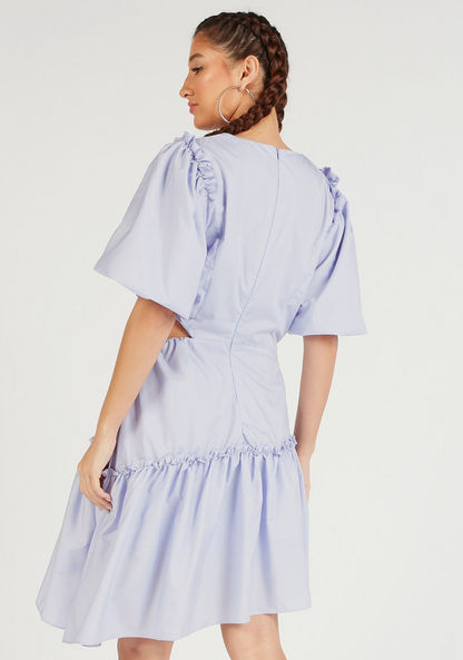 Solid Mini Asymmetric Dress with Cutout Detail and Balloon Sleeves-Dresses-image-3