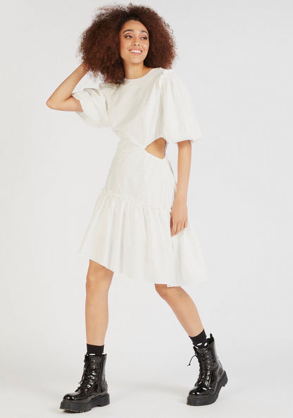 Solid Mini Asymmetric Dress with Cutout Detail and Balloon Sleeves-Dresses-image-1