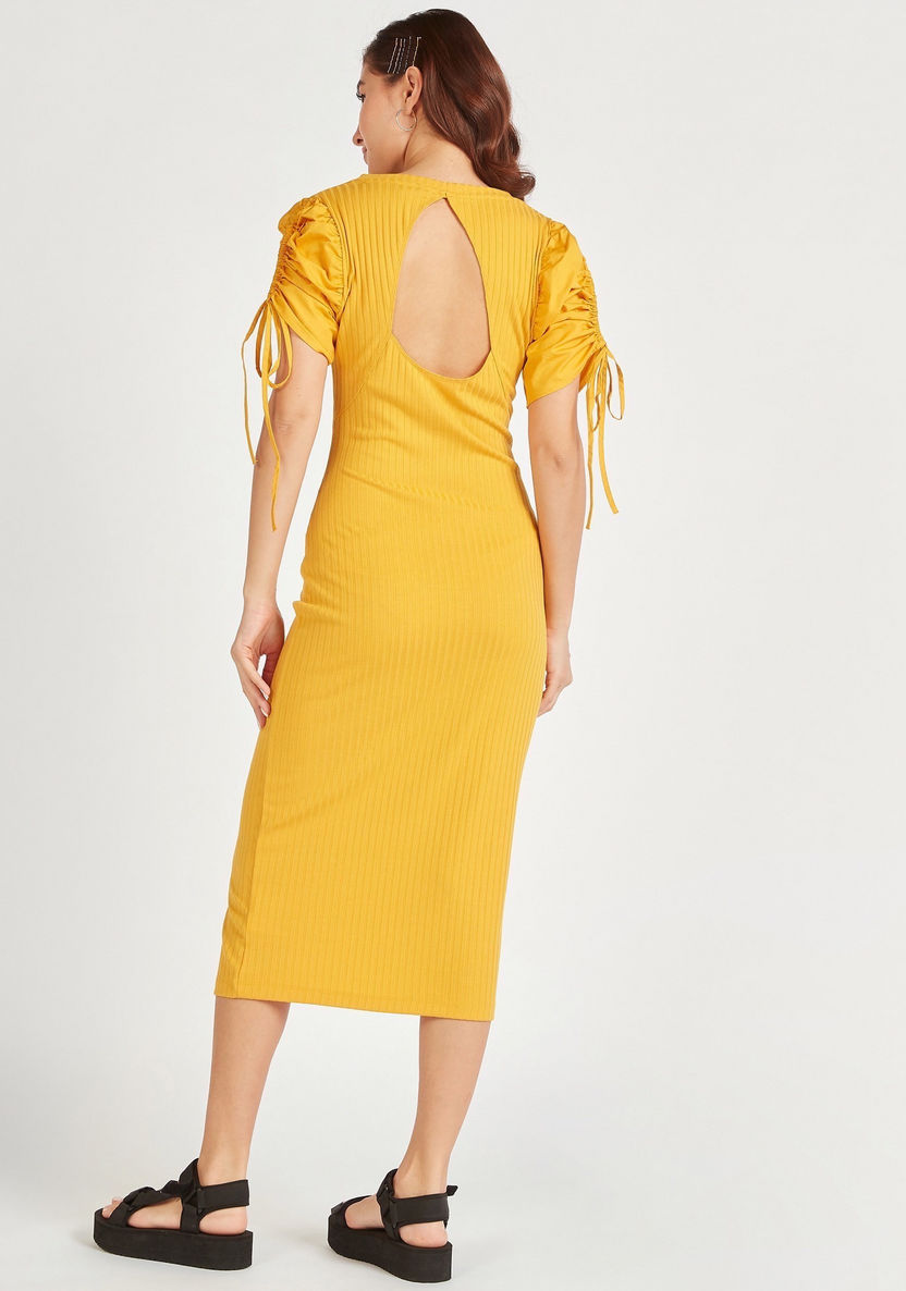 Textured Midi Bodycon Dress with Cutout Detail and Tie-Ups-Dresses-image-3