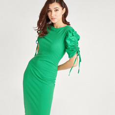Textured Midi Bodycon Dress with Cutout Detail and Tie-Ups
