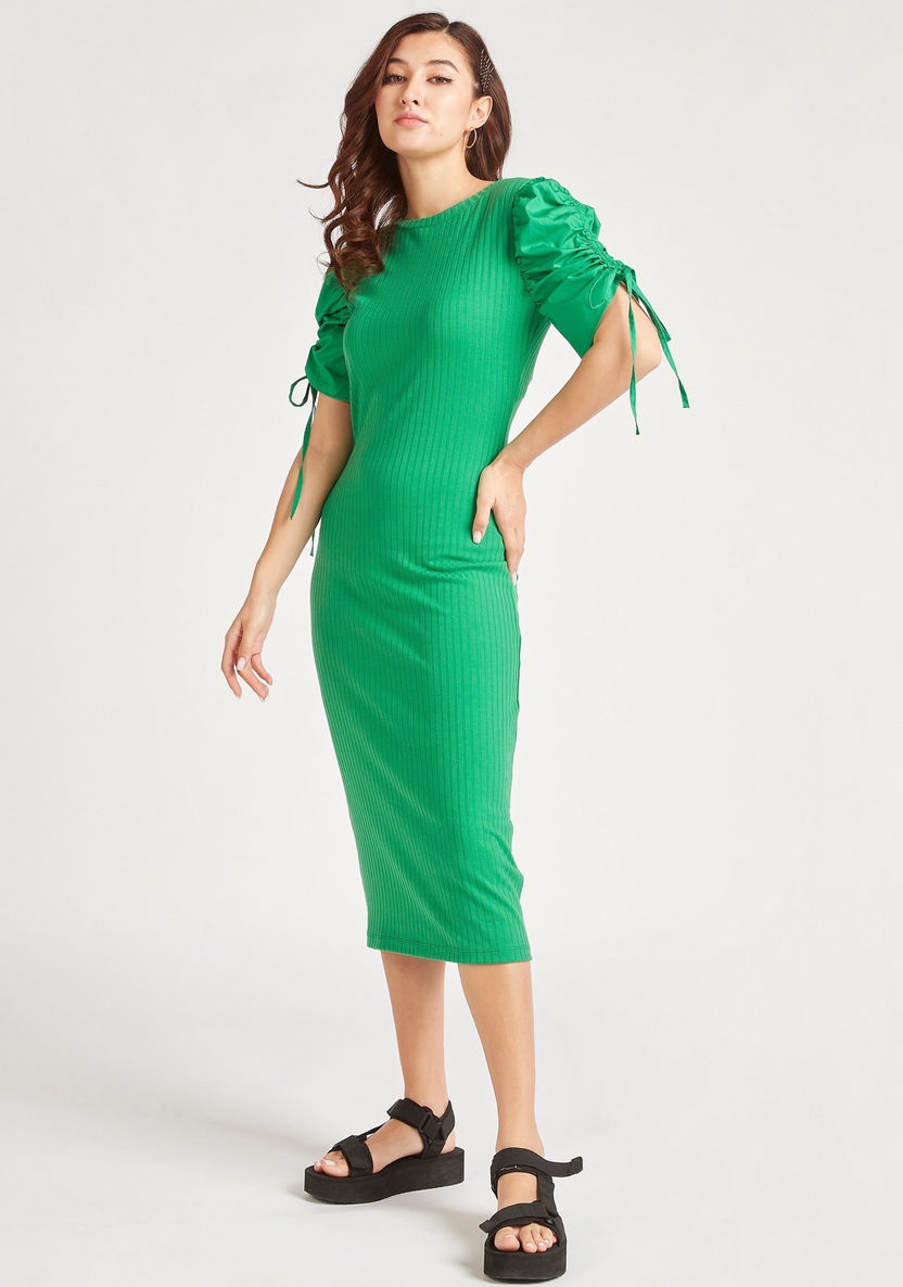 Textured Midi Bodycon Dress with Cutout Detail and Tie-Ups-Dresses-image-2