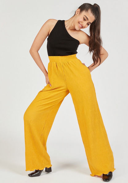 Textured Palazzo with Elasticated Waistband and Pockets-Pants-image-0
