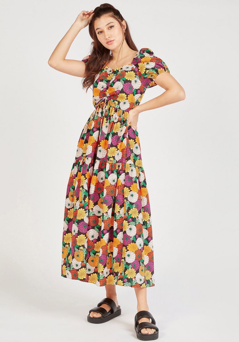 Floral Print Sweetheart Neck A-line Dress with Puff Sleeves and Tie-Up-Dresses-image-0