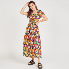 Floral Print Sweetheart Neck A-line Dress with Puff Sleeves and Tie-Up
