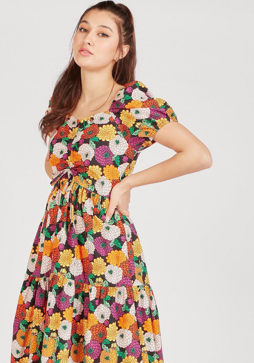 Floral Print Sweetheart Neck A-line Dress with Puff Sleeves and Tie-Up-Dresses-image-2