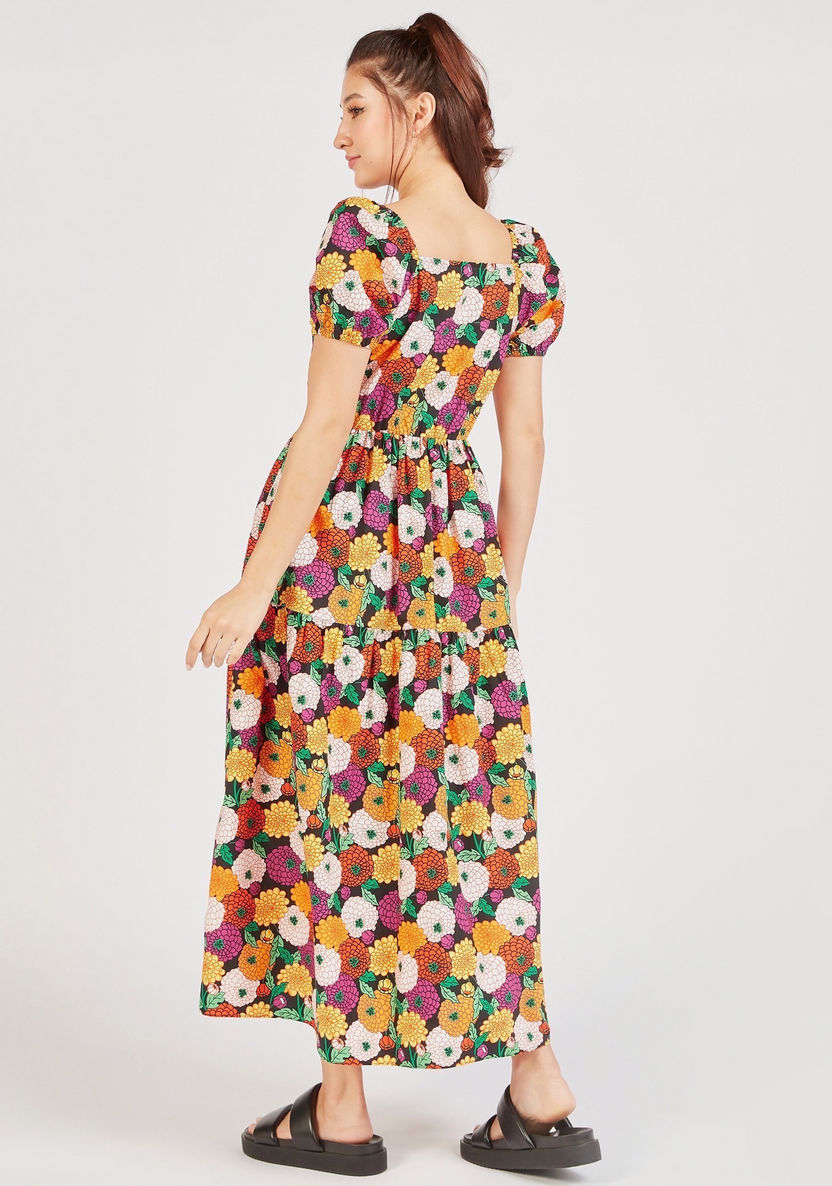 Floral Print Sweetheart Neck A-line Dress with Puff Sleeves and Tie-Up-Dresses-image-3