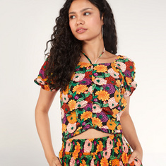 Floral Print Ruffled Hem Crop Top with Neck Tie-Up