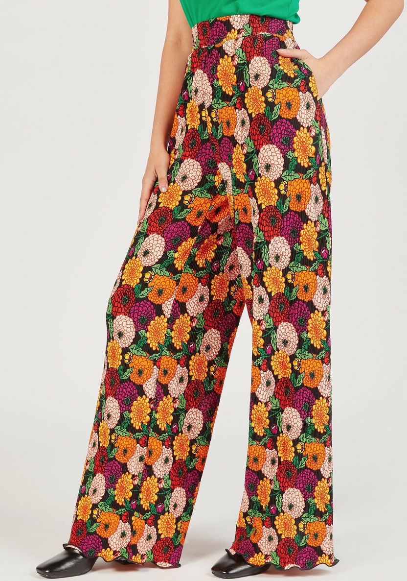 Floral Print Palazzo with Elasticated Waistband and Pockets-Pants-image-0