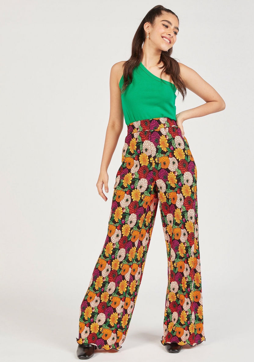 Floral Print Palazzo with Elasticated Waistband and Pockets-Pants-image-1