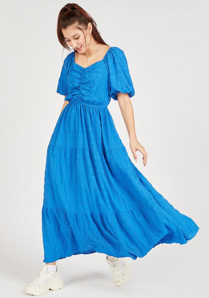 Textured Maxi A-line Dress with Sweetheart Neck and Short Puff Sleeves-Dresses-image-1
