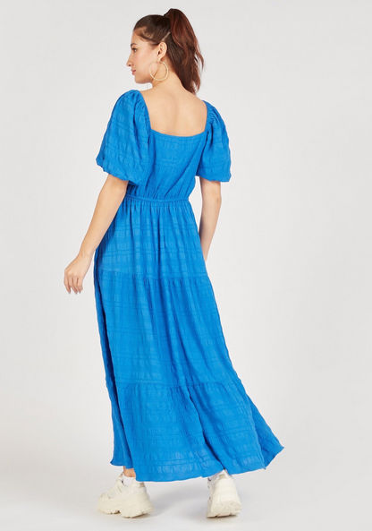 Textured Maxi A-line Dress with Sweetheart Neck and Short Puff Sleeves-Dresses-image-3