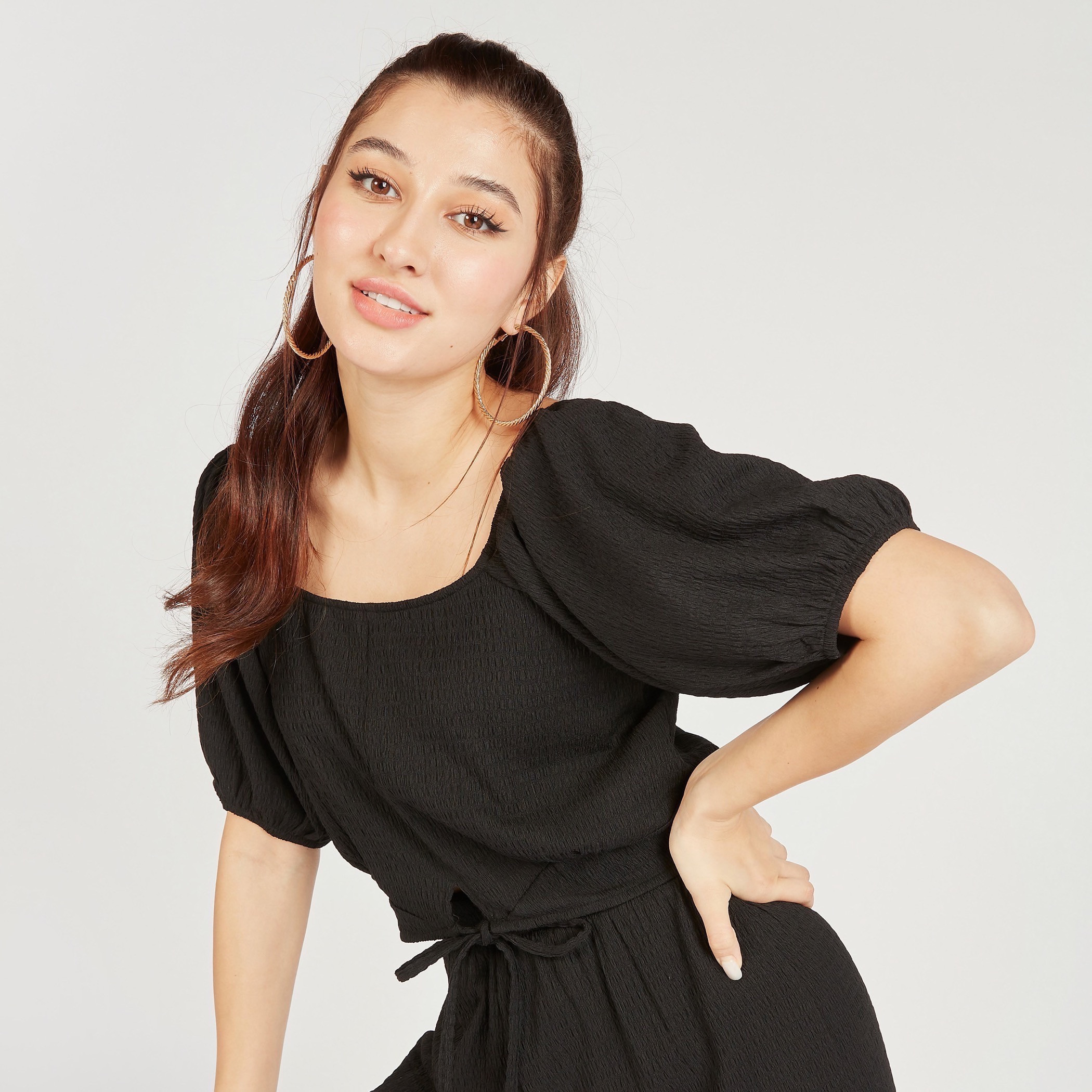 بلوزة قصيرة بارزة الملمس بياقة مستديرة وأكمام قصيرة-women-clothing-shirtsandblouses-blouses-image-6