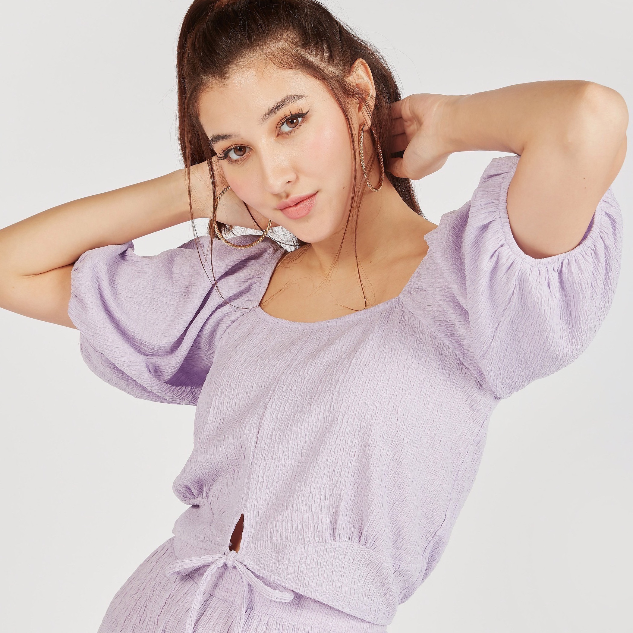 بلوزة قصيرة بارزة الملمس بياقة مستديرة وأكمام قصيرة-women-clothing-shirtsandblouses-blouses-image-3