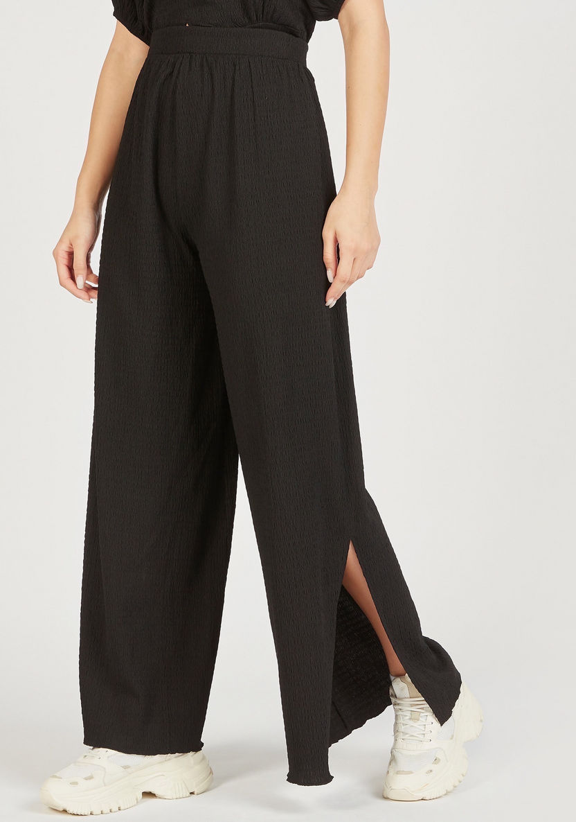 Textured Mid-Rise Palazzo Pants with Elastic Waistband and Slits-Pants-image-0