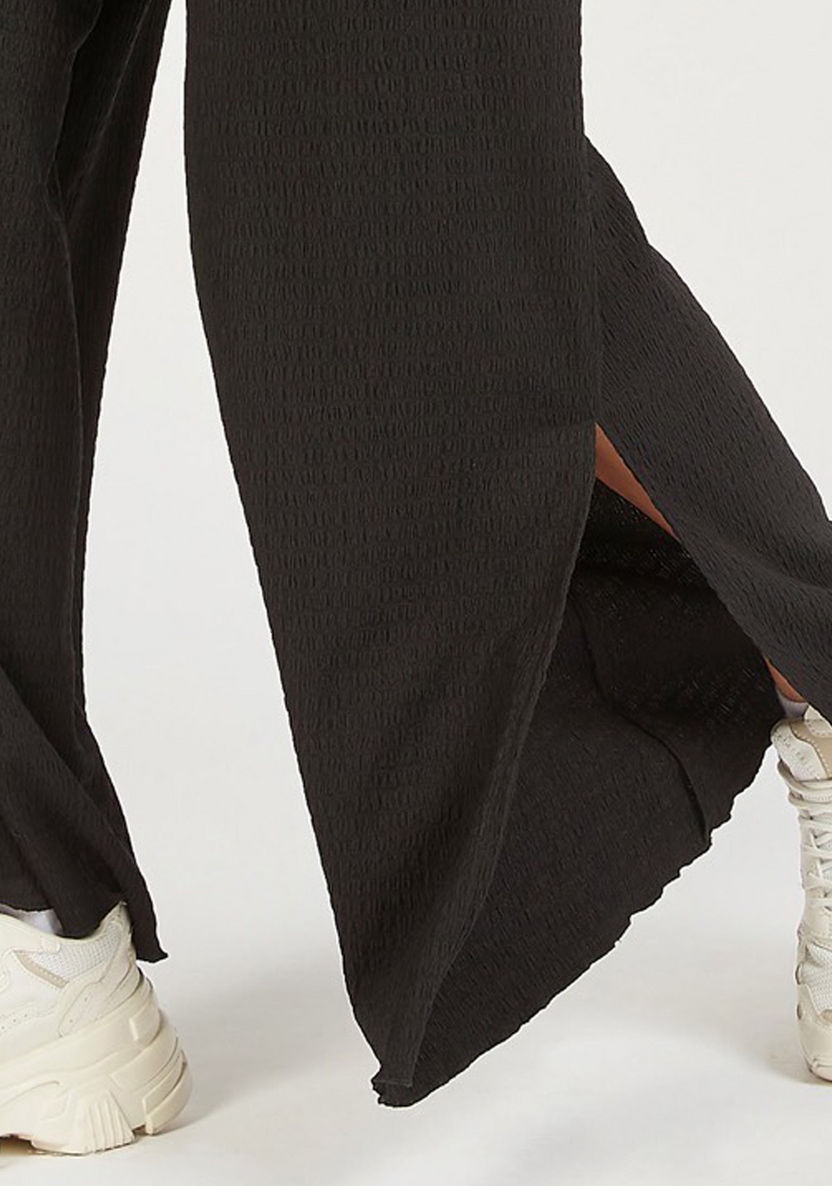 Textured Mid-Rise Palazzo Pants with Elastic Waistband and Slits-Pants-image-2