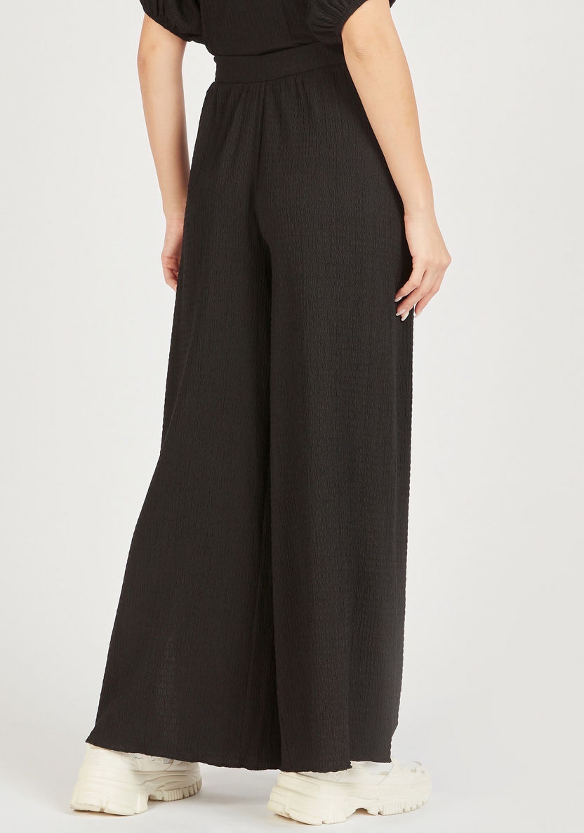 Textured Mid-Rise Palazzo Pants with Elastic Waistband and Slits-Pants-image-3