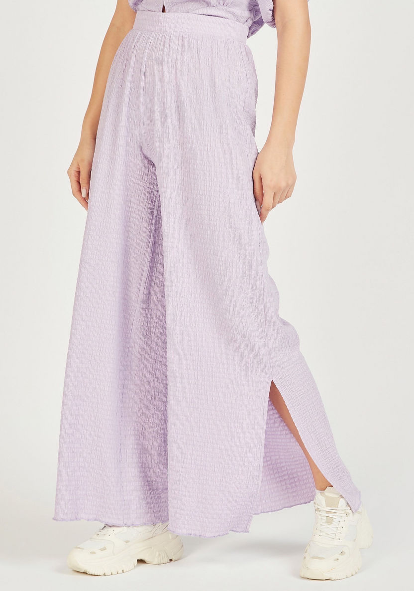 Textured Mid-Rise Palazzo Pants with Elastic Waistband and Slits-Pants-image-0