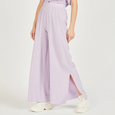 Textured Mid-Rise Palazzo Pants with Elastic Waistband and Slits