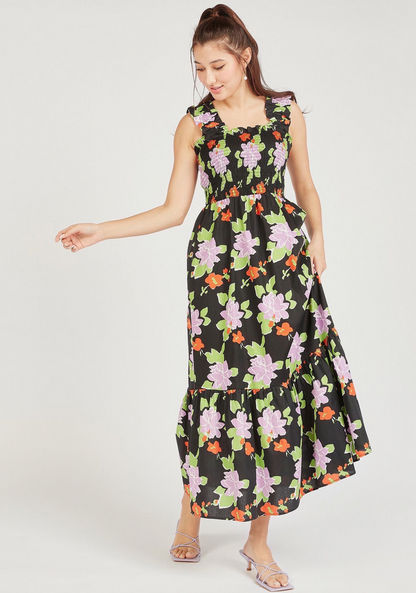 Floral Sleeveless Maxi A-line Dress with Gathered Detail-Dresses-image-2