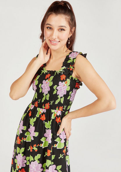 Floral Sleeveless Maxi A-line Dress with Gathered Detail-Dresses-image-4