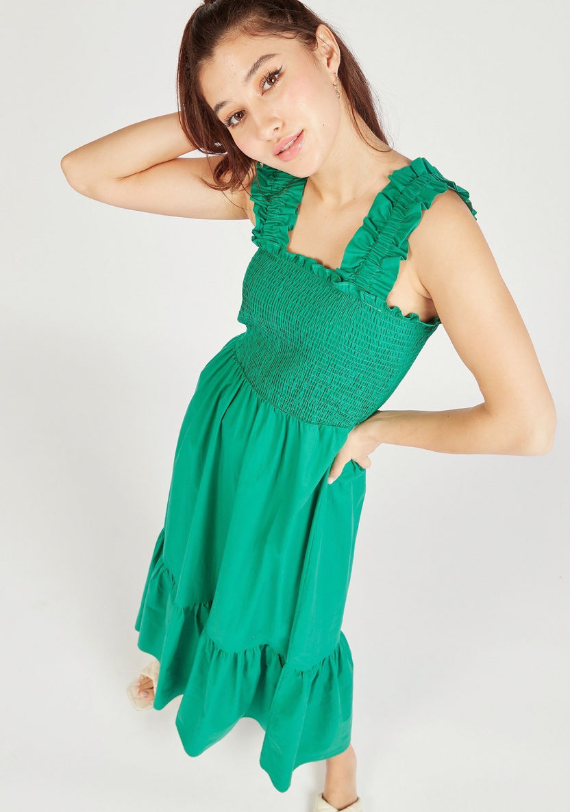Solid Sleeveless Maxi A-line Dress with Gathered Detail-Dresses-image-0